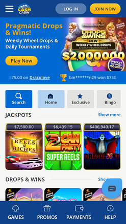 Page d’accueil mobile de Cash Cabin Casino