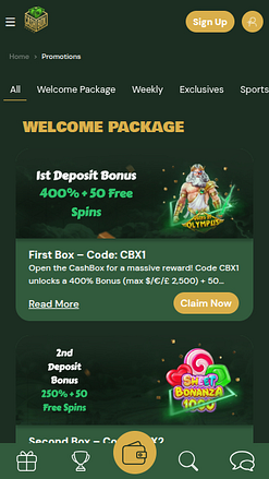 Скриншот рекламных акций Cashbox Casino для мобильных устройств