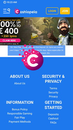 Page d’accueil du casino Cashiopeia sur mobile