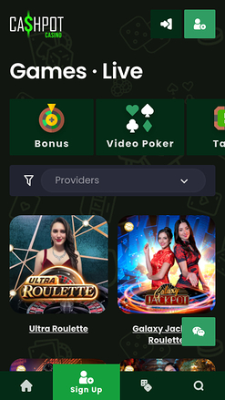 Casino en vivo de Cashpot Versión móvil