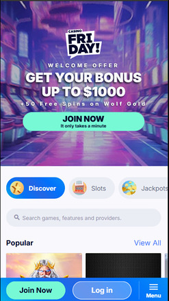 Page d’accueil de Casino Friday sur mobile