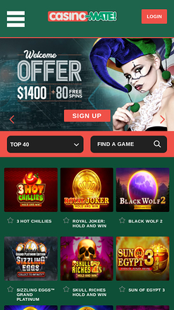 Page d’accueil mobile de Casino Mate