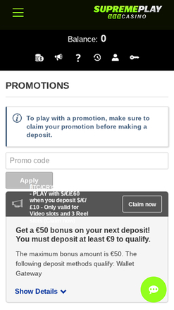 Promotions mobiles de Casino Supreme Play