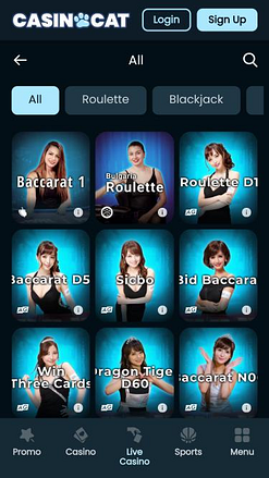 CasinoCat Live-Dealer-Mobilseite