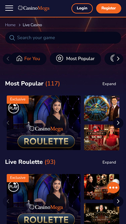 Casinomega croupier en direct mobile