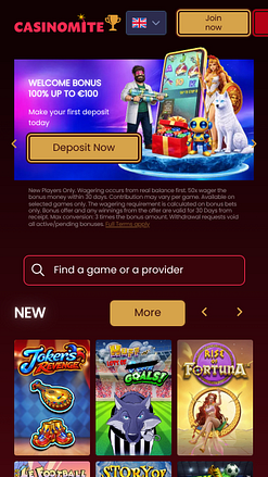 Главная страница мобильного казино Casinomite