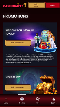 Акции мобильного казино Casinomite