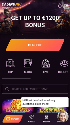 Page d’accueil de Casinonic Casino mobile