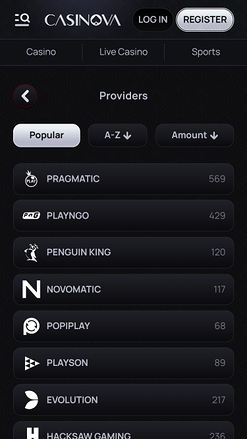 Développeurs de jeux de Casinova Casino mobile