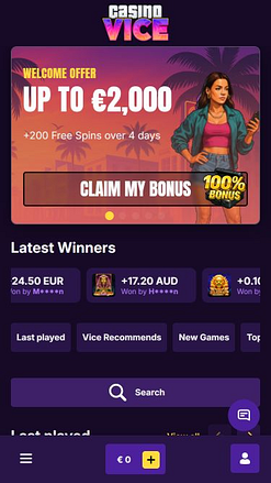 Page d'accueil mobile de CasinoVice