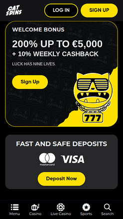 Screenshot der Startseite von Cat Spins Casino für Mobilgeräte