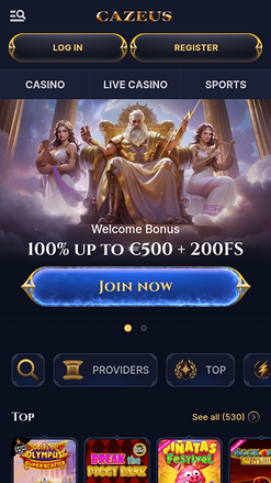 Page d’accueil du casino Cazeus Mobile