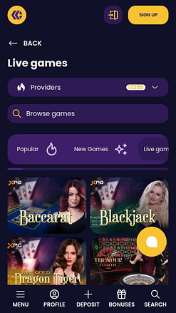 Página móvil del casino CazzyGames con crupier en vivo