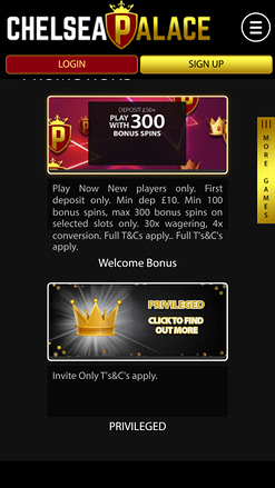 Promotions de Chelsea Palace Casino mobile