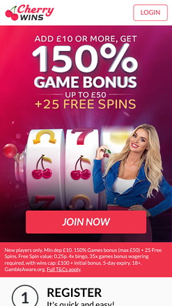 Page d’accueil de Cherry Wins Casino mobile