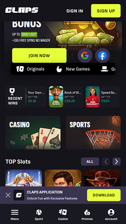 Screenshot della homepage di Claps Casino per dispositivi mobili