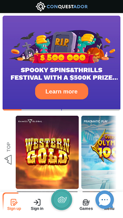 Page d’Accueil du Casino Conquestador Mobile