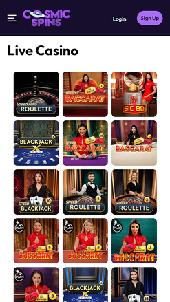 Cosmic Spins Casino Croupier en Direct Mobile