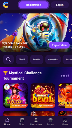 Page d’accueil de Cosmolot Casino Mobile