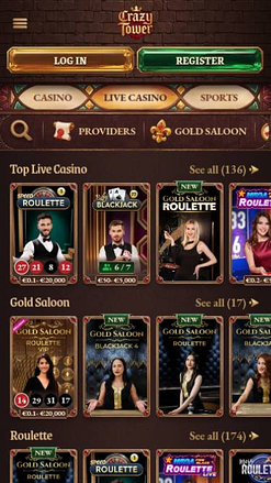 Скриншот мобильной версии страницы Crazy Tower Casino в режиме реального времени