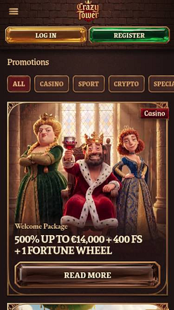 Скриншот мобильной страницы акций казино Crazy Tower.