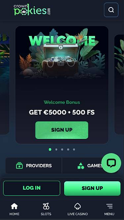 Screenshot della homepage mobile di CrownPokies Casino