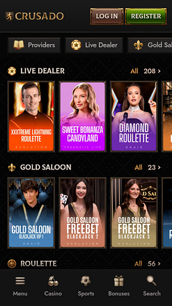 Pagina mobile del casinò Crusado con croupier dal vivo