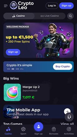 Page d’accueil de CryptoLeo Casino sur mobile