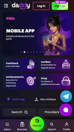 Главная страница мобильного приложения Daddy Casino