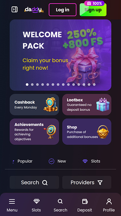 Page d’accueil du Daddy Casino Version mobile
