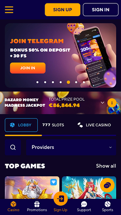 Page d’accueil du Dazard Casino Version mobile