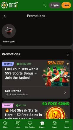 Promotions mobile page screenshot of Desi Casino