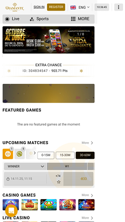 Página principal de Diamante Casino Móvil