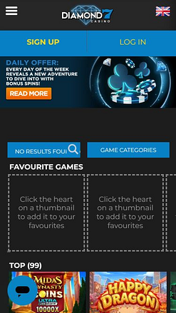 Page d'accueil mobile du casino Diamond7