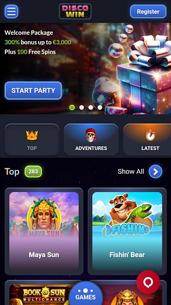 Disco Win Casino mobile homepage 