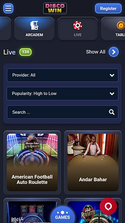 Disco Win Casino live dealer mobile page 