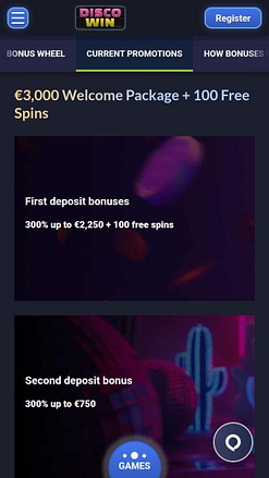 Disco Win Casino promotions mobile page 