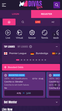 Live-спорт казино Divas Luck для мобильных устройств