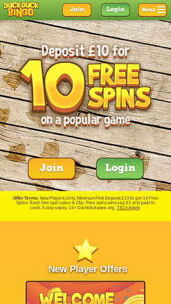 Page d'accueil mobile de Duck Duck Bingo