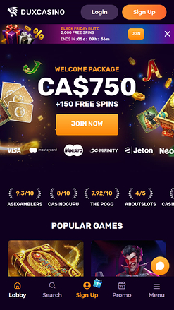 Page d'accueil mobile du casino Dux