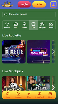 Elf Bingo Casino avec croupier en direct sur mobile
