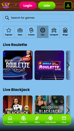 Elf Slots Casino avec croupier en direct sur mobile