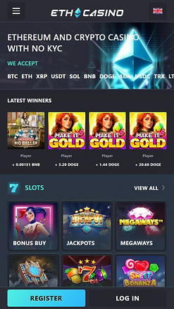 Главная страница мобильного приложения ETH Casino