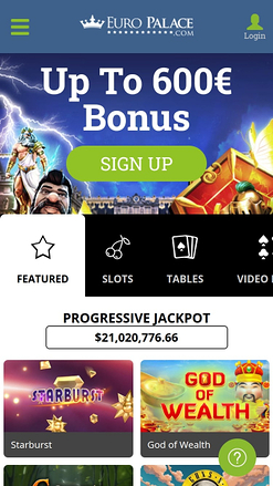 Page d'accueil mobile du casino Euro Palace