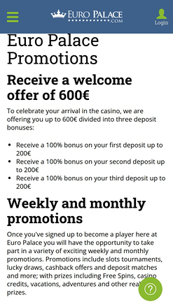 Promotions mobiles du casino Euro Palace