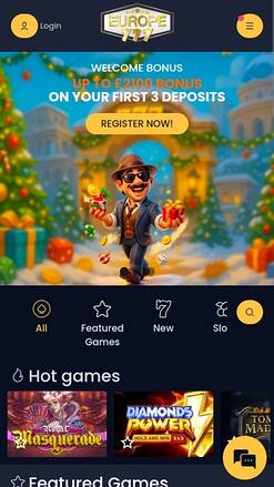 Page d'accueil mobile du casino Europe 777