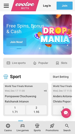 Homepage mobile di Evolve Casino