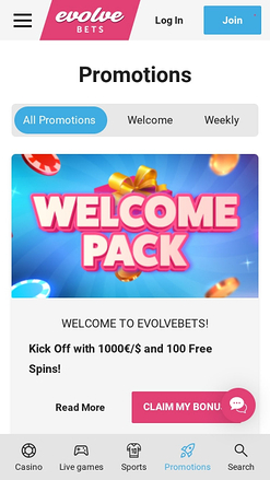 Promozioni per dispositivi mobili di Evolve Casino