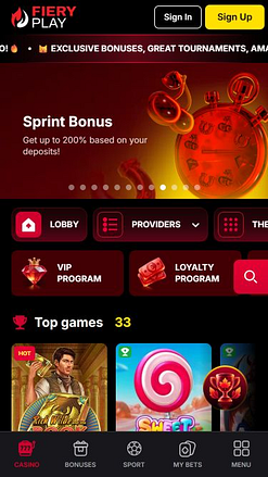 FieryPlay Casino Mobile Homepage