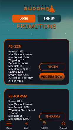 Página móvil de promociones del casino Fortunate Buddha